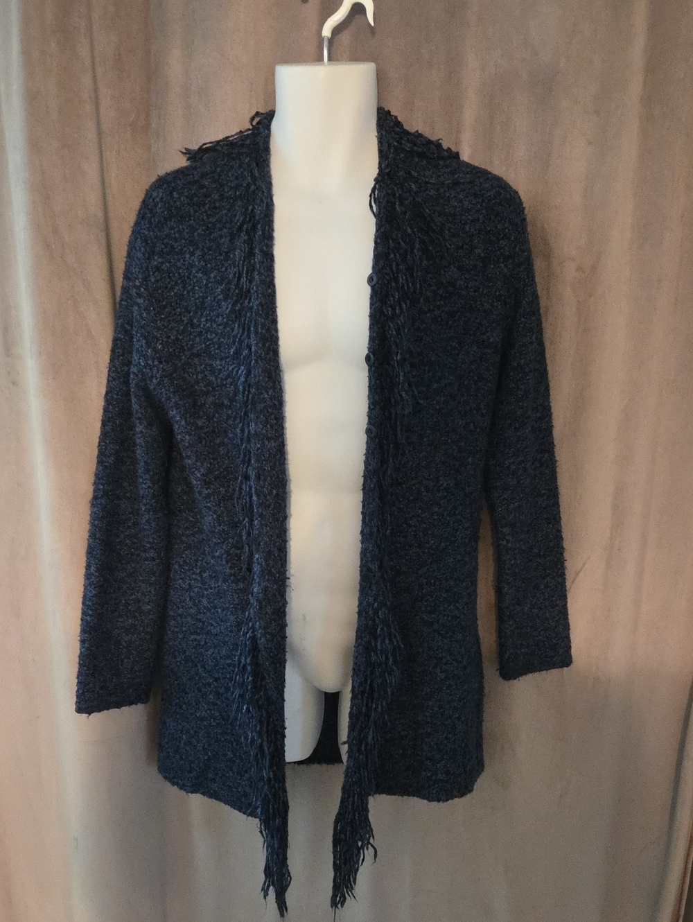 Navy Fringe-Trim Open Cardigan Sweater